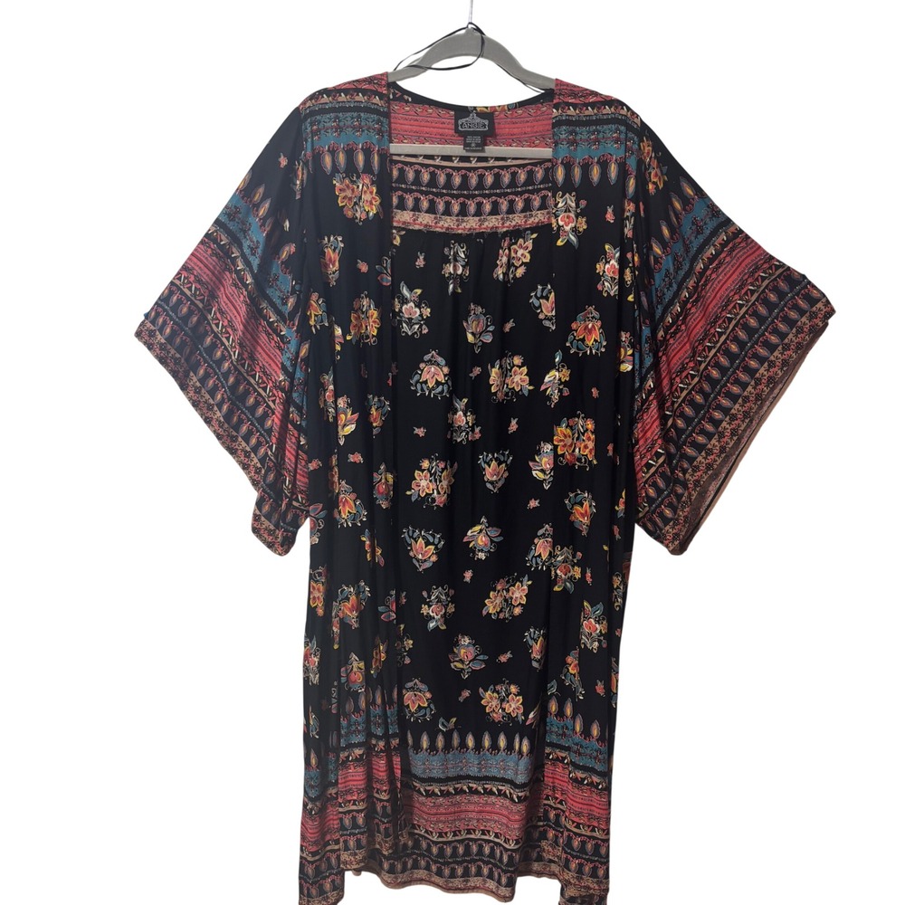 Angie Womens Black Floral Paisley Boho Open Front Duster Kimono Cardigan Size M‎